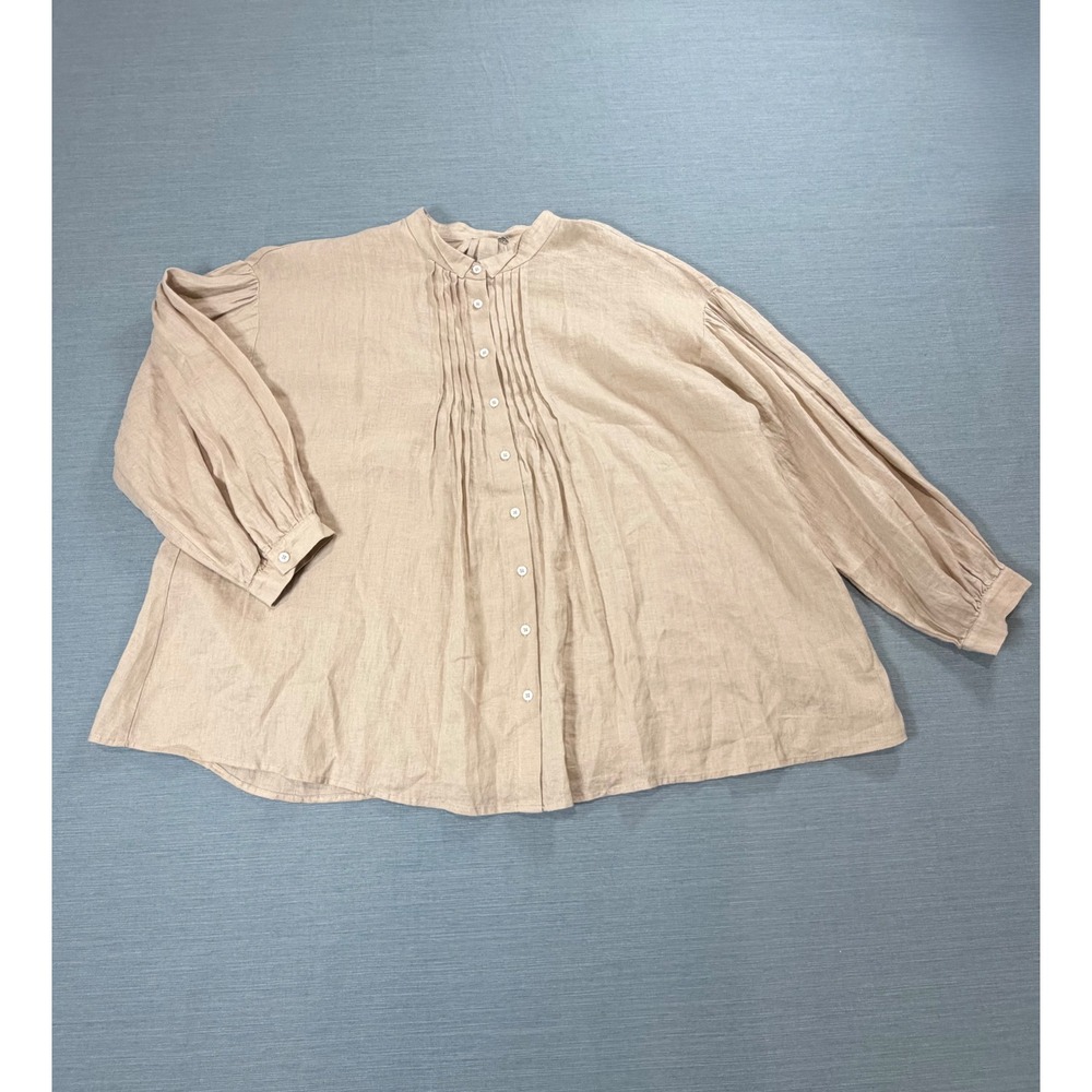 Pintuck Pleated Linen Blouse Women OS Beige Excellent Oversized Band Collar